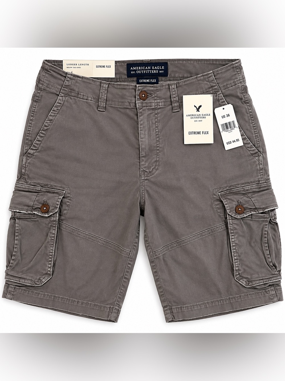 NWT American Eagle Extreme Flex Cargo Shorts Men’s 36 Longer Length Gray